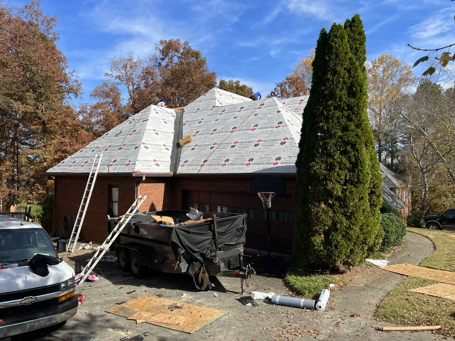 Roof replacement installation in progress